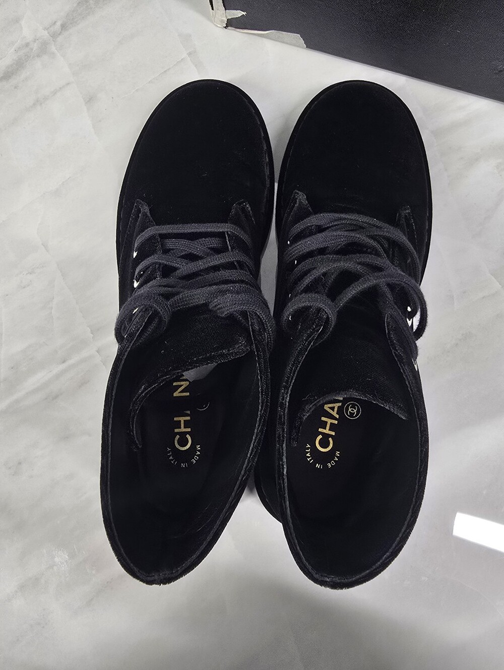 CHANEL Black Velvet Lace-Up Ankle Boots with Logo - Picture 6 of 12